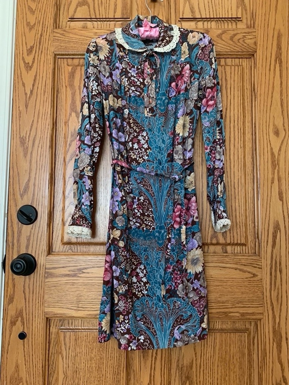 Vtg 70s Floral Art Nouveau Style Shift Dress Cottagecore XS S